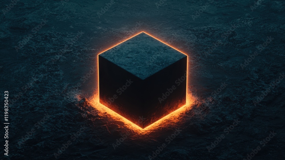 Aufkleber illuminated cube in dark environment digital art futuristic concept abstract design close-up view