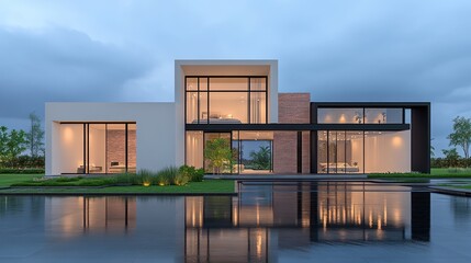 Fototapeta premium Spring Morning Illuminates Variegated Brick Modern Villa