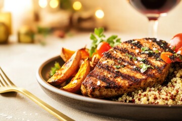 High-protein lunch with seared tofu steaks and roasted sweet potatoes
