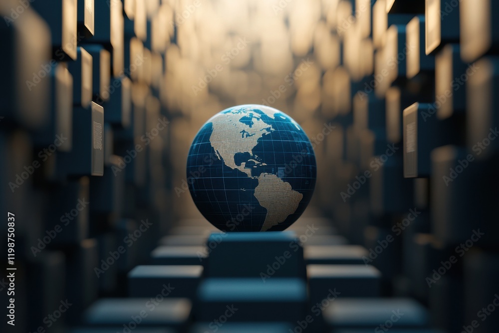 Poster global digital connectivity 3d model of earth amidst data blocks virtual environment futuristic conc