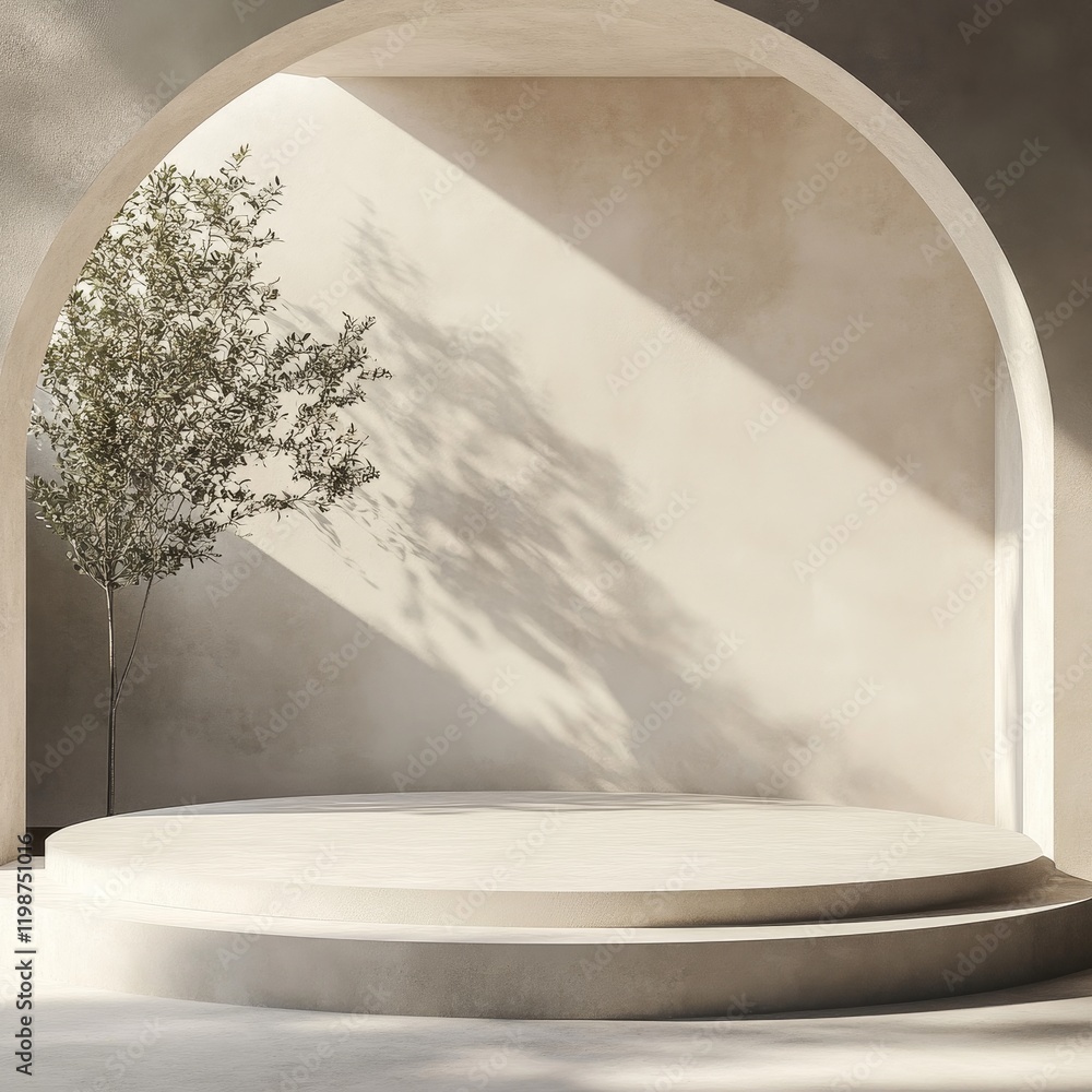 Poster a small archway with a tree in the middle and a white wall behind it. the archway is made of stone a