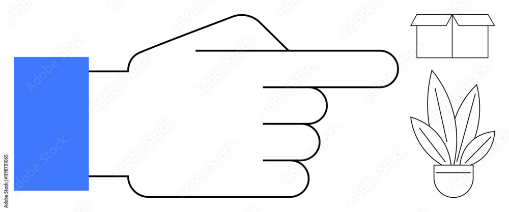 Poster hand pointing right towards a box and a potted plant, emphasizing choices and direction. ideal for d