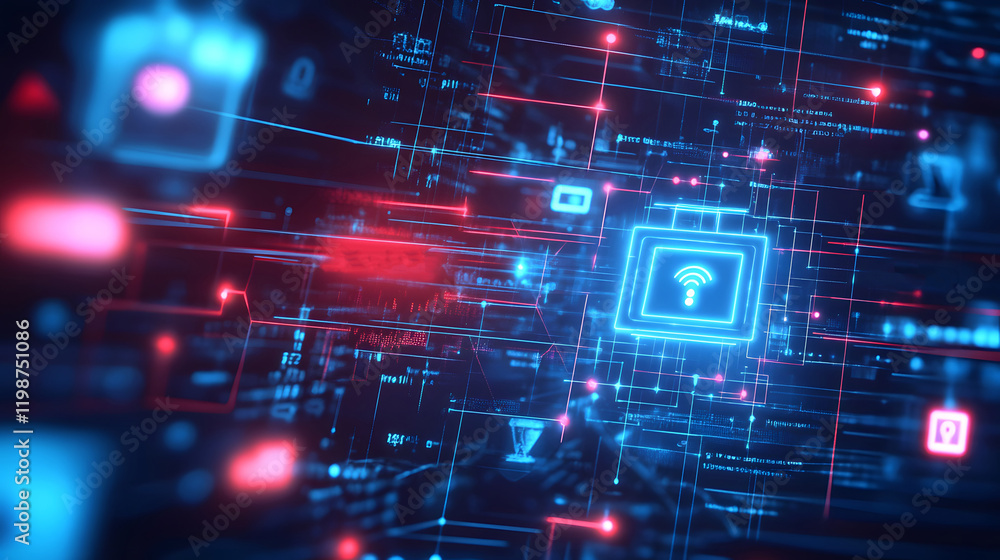 Poster a digital landscape with highlighted security vulnerabilities – representing 