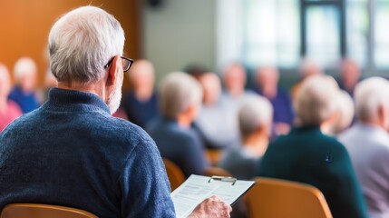 An elderly man observes a group discussion in a community setting.