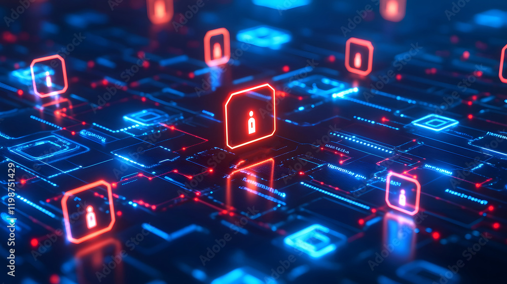 Poster a digital landscape with highlighted security vulnerabilities – representing 