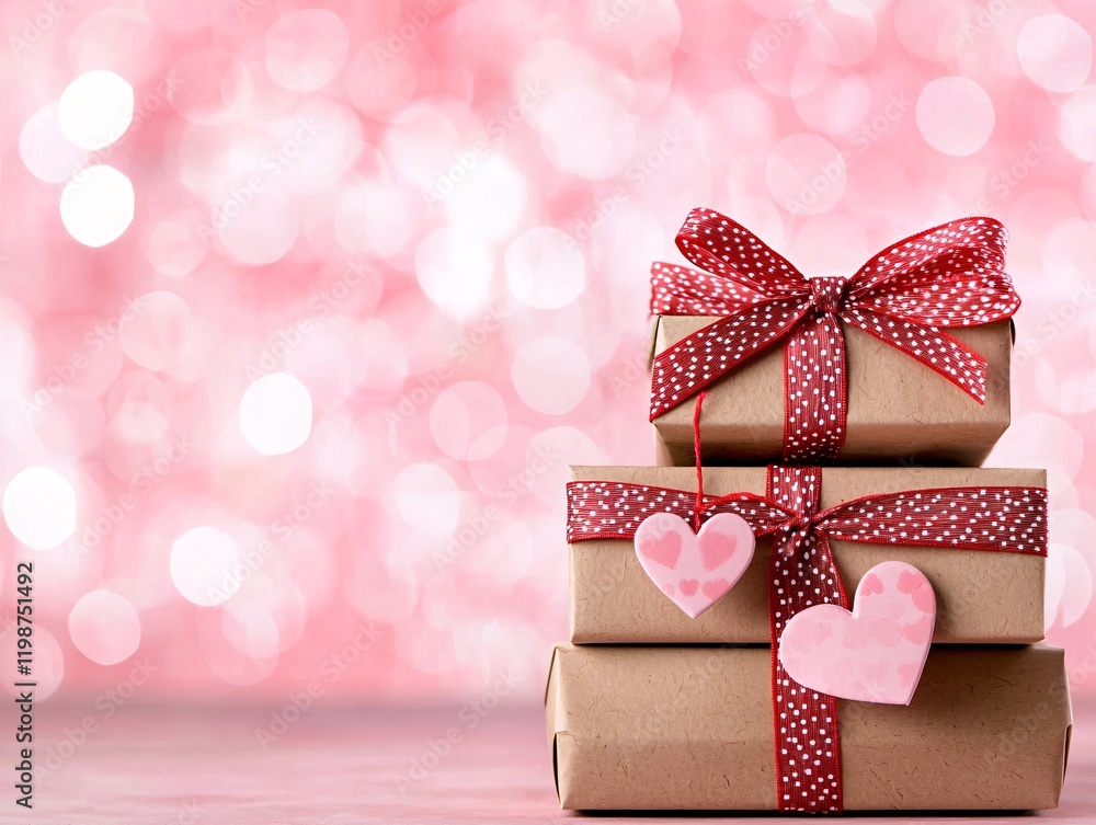 Poster a stack of valentine's gift boxes tied with matching ribbons and adorned with handmade heart tags, w