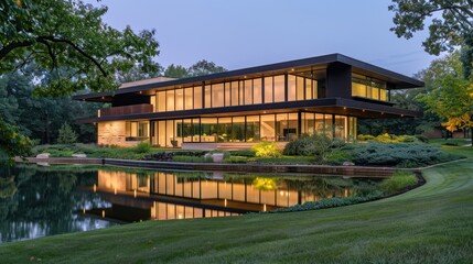 Fototapeta premium Limestone Lake House: A Modernist Retreat with Serene Views
