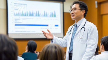 A doctor giving a presentation to an audience, with graphs displayed on a screen.