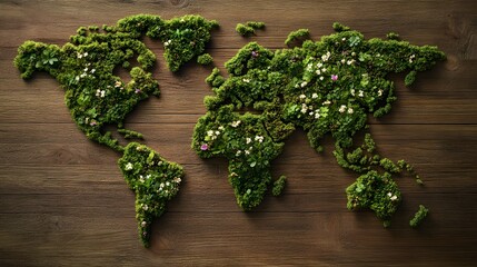 Lush world map created with real moss and delicate flowers, showcasing the beauty of nature in an artistic arrangement