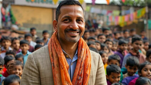 Smiling Man in Front of a Crowd of Children in India, happy, Asian, Indian, portrait, people