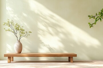 Elegant wooden bench with vase and branches in a serene indoor space with soft lighting