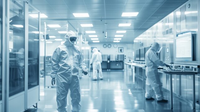 A modern semiconductor fabrication cleanroom with engineers in cleanroom suits working on microchip production under sterile conditions, Semiconductor cleanroom scene, Hi-tech manufacturing style
