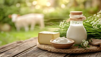 Rustic setting with a glass bottle of milk and dairy products on wooden table in a peaceful outdoor garden