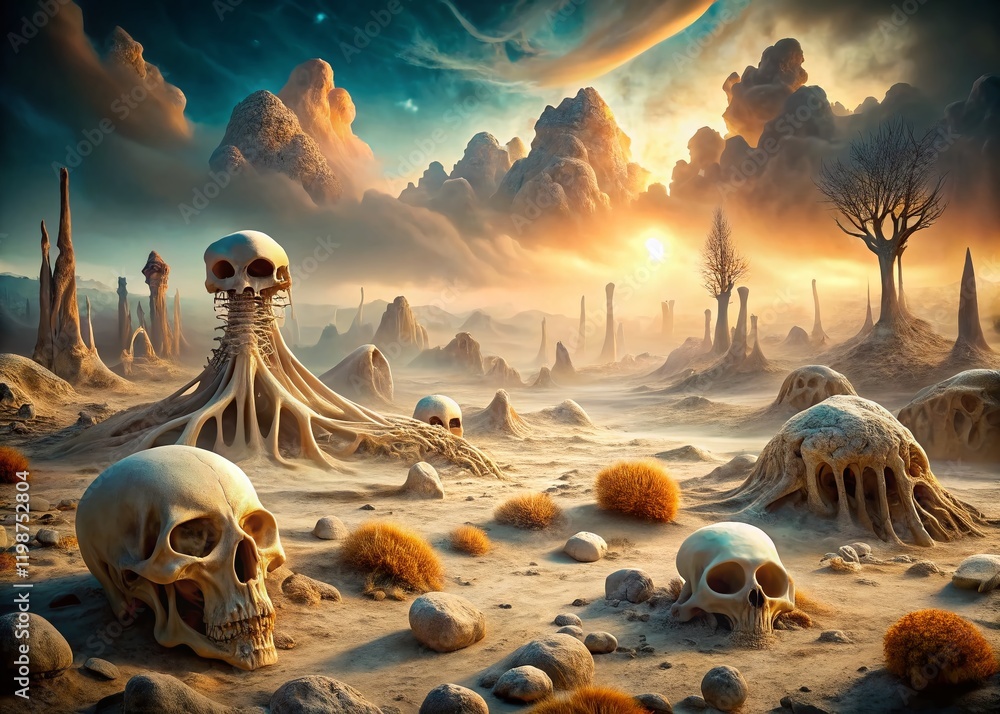 Poster surreal bone landscape: ethereal skeletal forms in a dreamlike setting