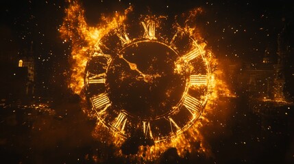 Burning Clock Face Fiery Roman Numerals Time Passing Dramatic Fire Imagery