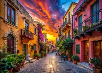 Fototapeta premium Surreal Chania: Vibrant Greek Street, Whimsical Architecture, Magical Sunset