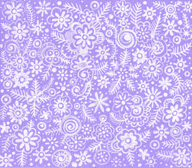 Pattern of various doodle elements in white color on a purple background. Flowers, feathers, spirals, circles, dots and other decor. Drawing with white lines. Gentle, soft background. Romantic, love.