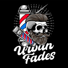Retro Barbershop Beard Skull Head with Scissor, electric Clipper, and Barber's Pole elements Logotype Badge Vector Illustration