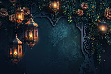 Beautiful greeting card with holiday composition for happy celebrate Ramadan, abstract vivid composition consists of fictional unreal fantastic vision on background