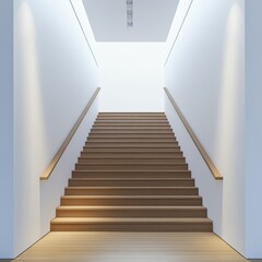 Obraz premium A simple and elegant straight staircase leads to a bright art gallery, showcasing a clean modern design. Perfect for interior decor, inviting ambiance.