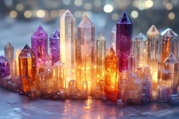 Glowing crystal city skyline, vibrant colors, illuminated cityscape of gems.