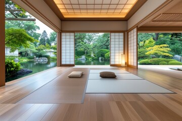 Fototapeta premium Tranquil Tatami Retreat: Japanese Garden Oasis
