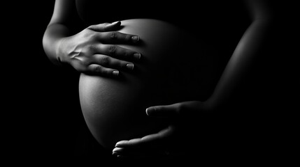 Maternity Portrait Artistic Black and White Pregnancy  with Hands Cradling Belly