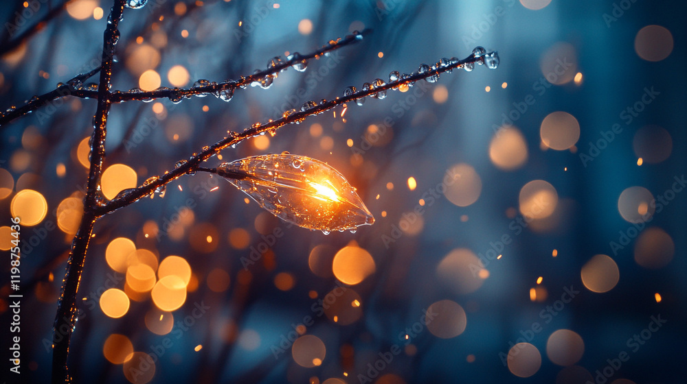 Poster magical evening with raindrops sparkling on leaves and illuminated bokeh lights in the background