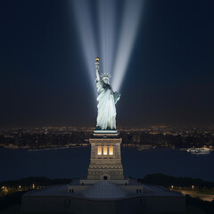 A statue of a woman with a torch in her hand is lit up at night