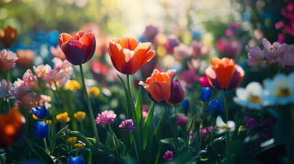 Obraz premium Vibrant Colorful Tulips in a Sunlit Spring Garden