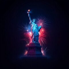 Fototapeta premium A statue of a woman holding a torch with fireworks in the background