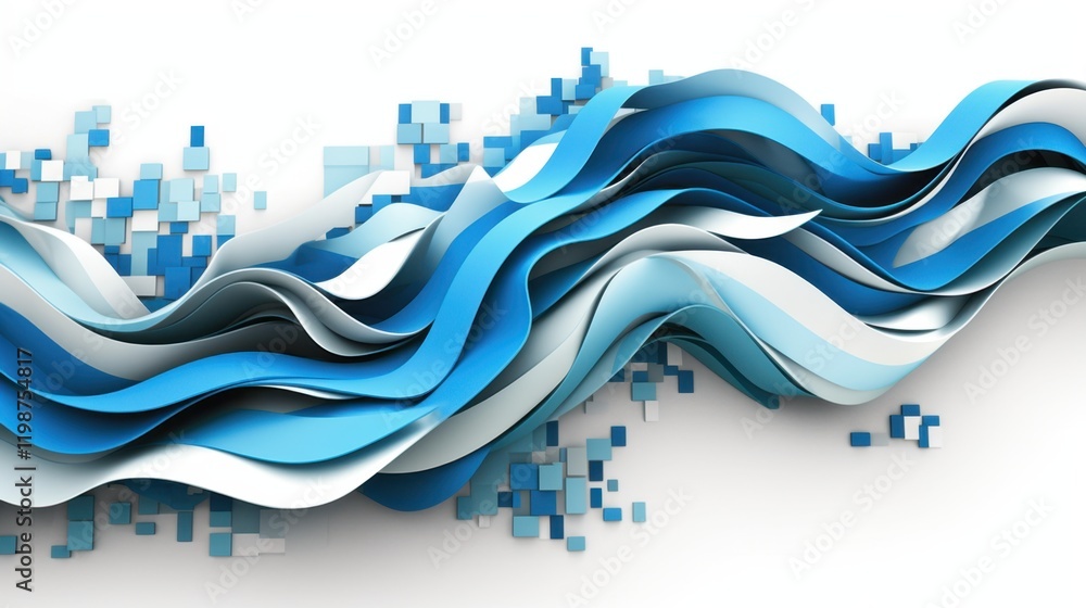 Poster abstract blue and white wave design: dynamic 3d flowing curves and pixelated background
