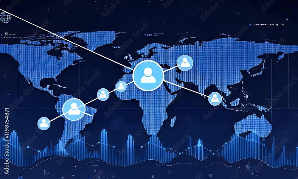 Poster global network connection, data visualization, world map background, business analytics