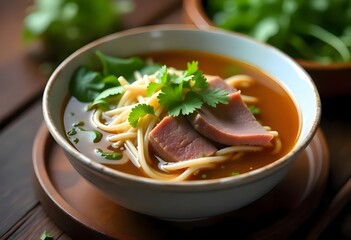 A Platter Of Fresh Vietnamese Pho With Rice Noodles, Fresh Herbs, Thinly Sliced Beef, And A Bowl Of Fragrant Broth