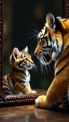 A  an elegant looking in the mirror and seeing cute kitten reflection