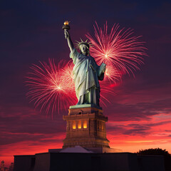 A statue of a woman holding a torch is lit up with fireworks in the background