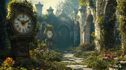 Enchanting Garden Path with Overgrown Antique Clocks and Ruins