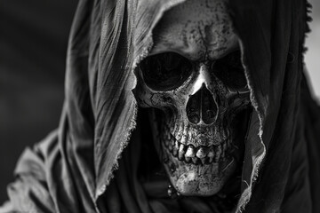 Scary grim reaper with sharp scythe in hell with dark dramatic color, abstract vivid composition consists of fictional unreal fantastic vision on background