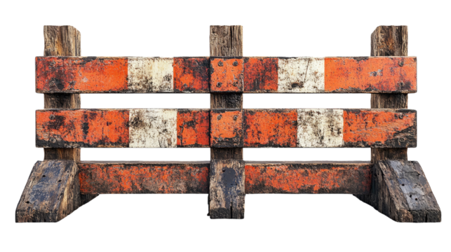 Old construction striped barricades isolated on a transparent background 