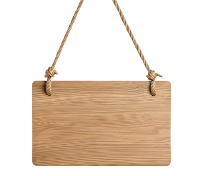 wooden sign board with rope, wood blank plank hanging on a rope, cutout png