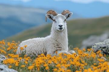 Fototapeta premium White ram rests amidst vibrant yellow wildflowers.