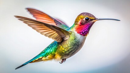 Fototapeta premium Surreal Hummingbird in Flight: Vibrant Wings Against White Background