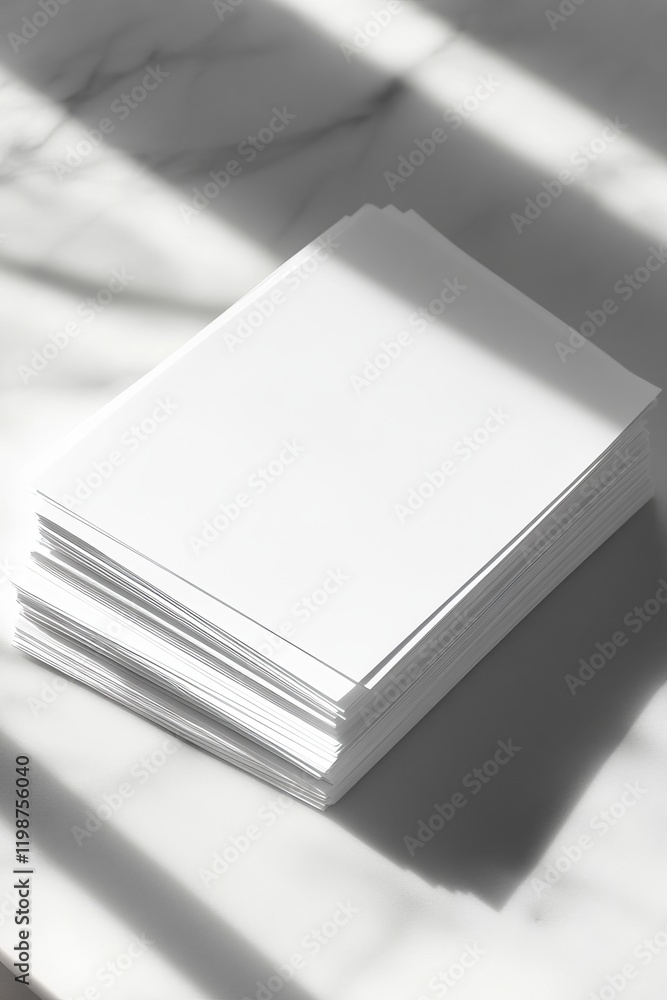 Poster a stack of blank white paper sheets on a marble surface, illuminated by sunlight, casting soft shado