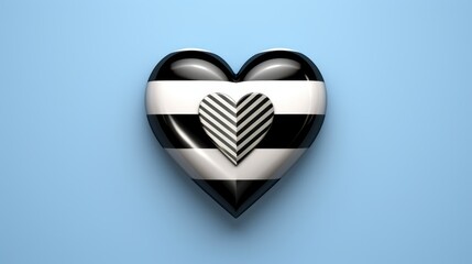 Obraz premium Striped Heart Design: A Black and White Glossy Heart with a Patterned Centerpiece Against a Light Blue Background