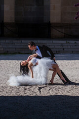 Wedding couple bride and groom outdoor. Couple in love, wedding marriage ceremony and event. Celebration wedding. Young bride and groom couples. Beauty Wedding couple.