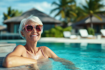Happy senior tourist woman with sunglasses enjoying summer vacation in a luxury resort pool