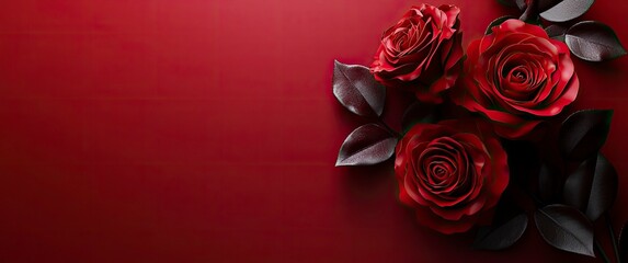 3d illustration of red roses on dark red background withcopy space, banner design, top view, high resolution photography, 