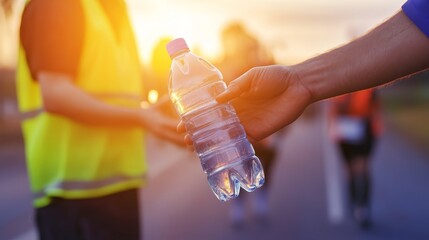 A person hands a water bottle to another during an outdoor event or race at sunset.