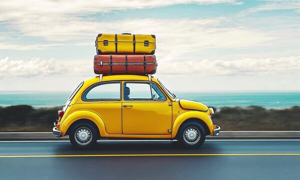 Travel retro car on the road.