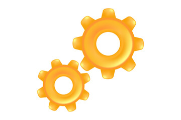 Cute 3D yellow, gold two gears icon isolated, transparent background. Glowing plastic or glass texture cogwheel network technology icon for infographics, presentation